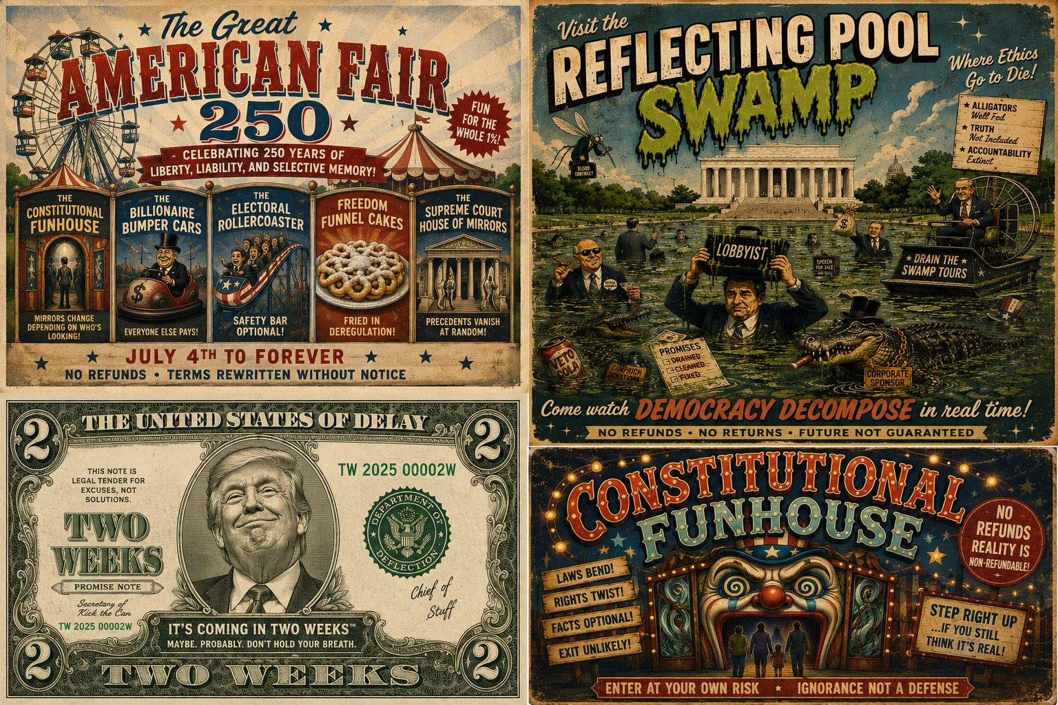 Four satirical vintage posters for the Great American Fair, Reflecting Pool Swamp, Two Weeks note and Constitutional Funhouse