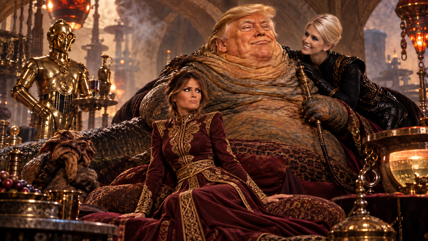 Satirical space-opera scene with Donald Trump as a giant slug-like ruler, Melania Trump looking displeased and Natalie Harp smiling beside him