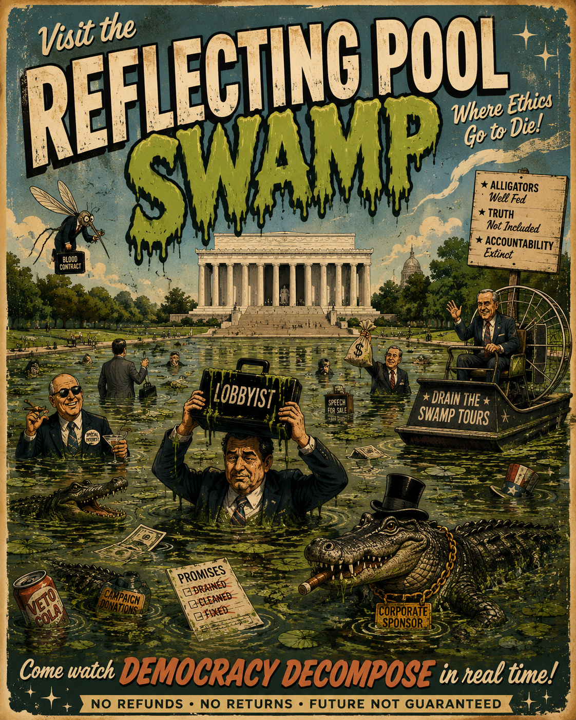 Reflecting Pool Swamp poster with lobbyists, alligators and democracy decomposing