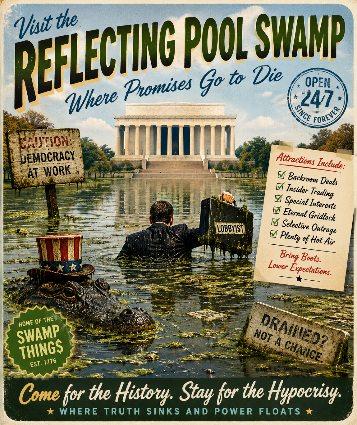 Vintage satirical travel poster for the Reflecting Pool Swamp