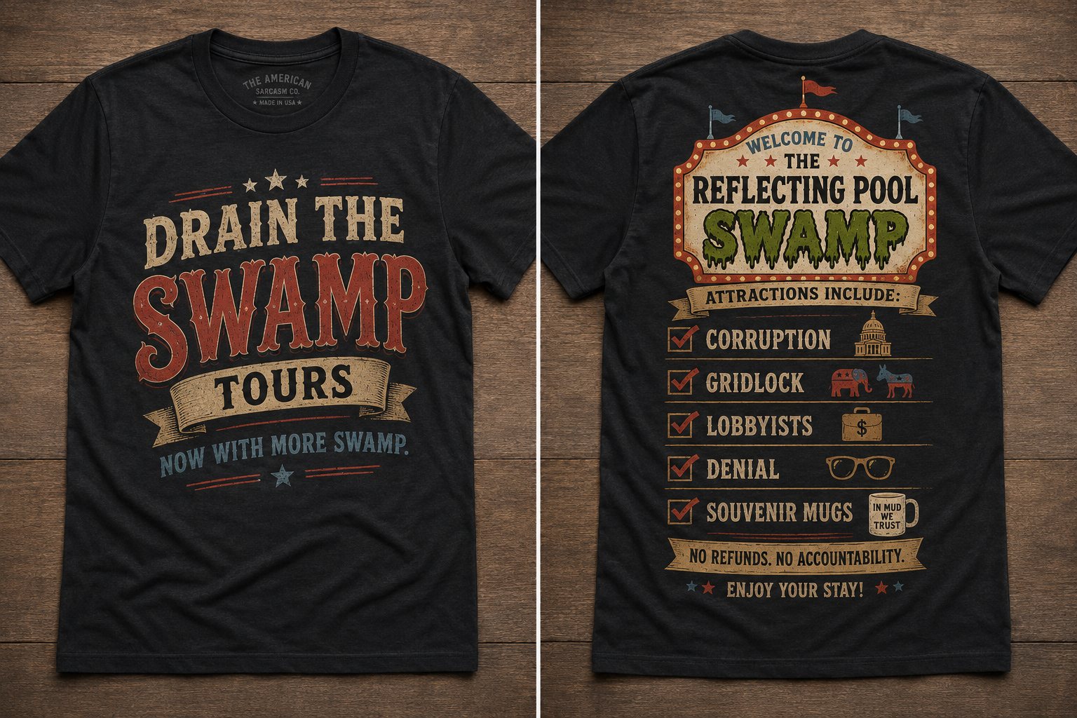 Black t-shirt mockup showing front and back satirical Reflecting Pool Swamp design
