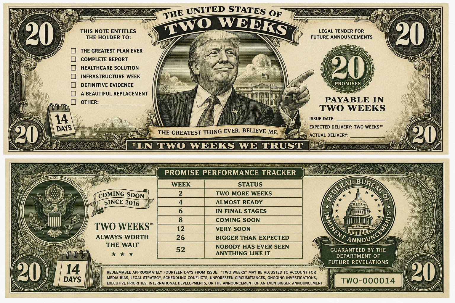 The Two Weeks note, front and back, satirical parody currency