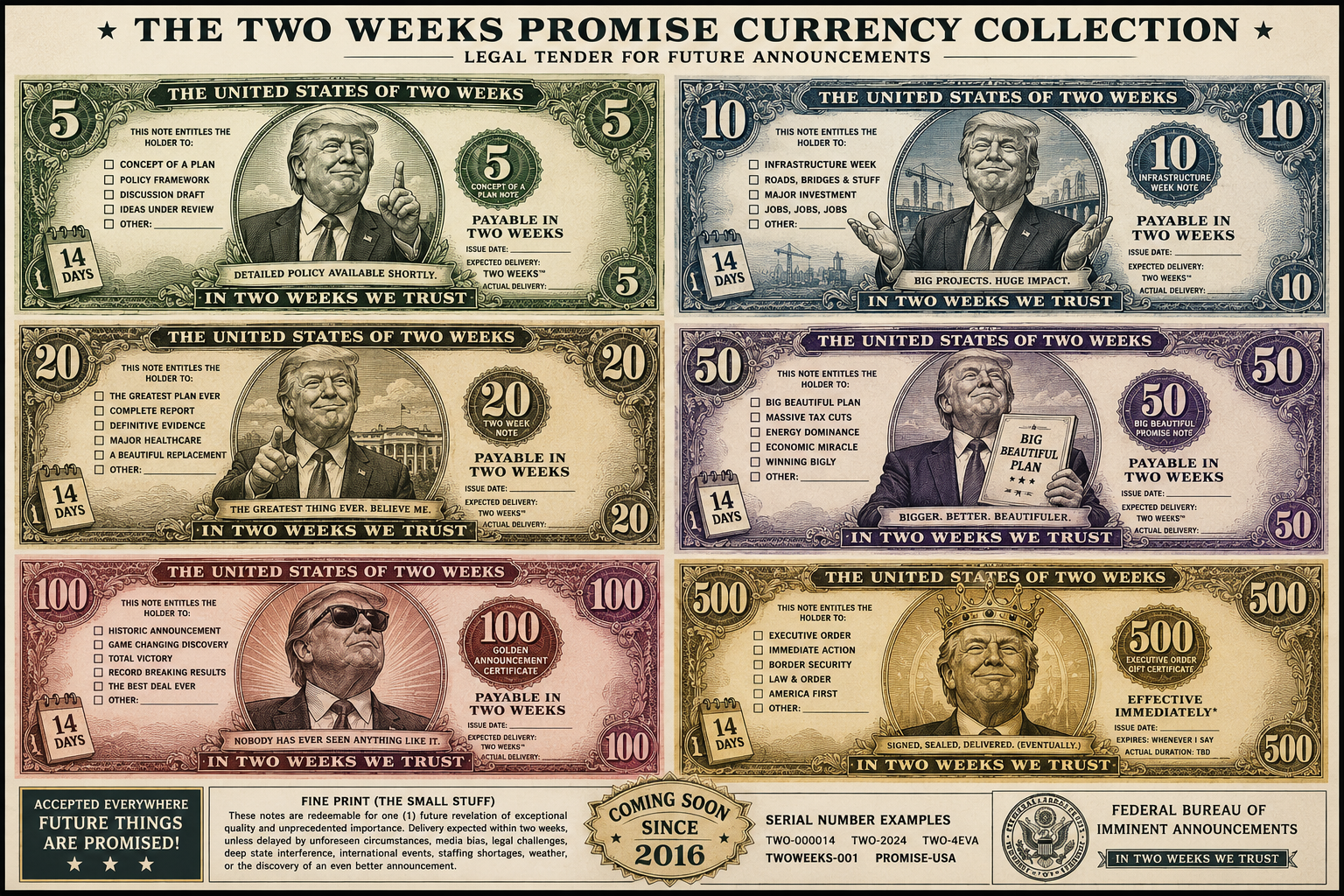 The full Two Weeks Promise Currency Collection showing all denominations